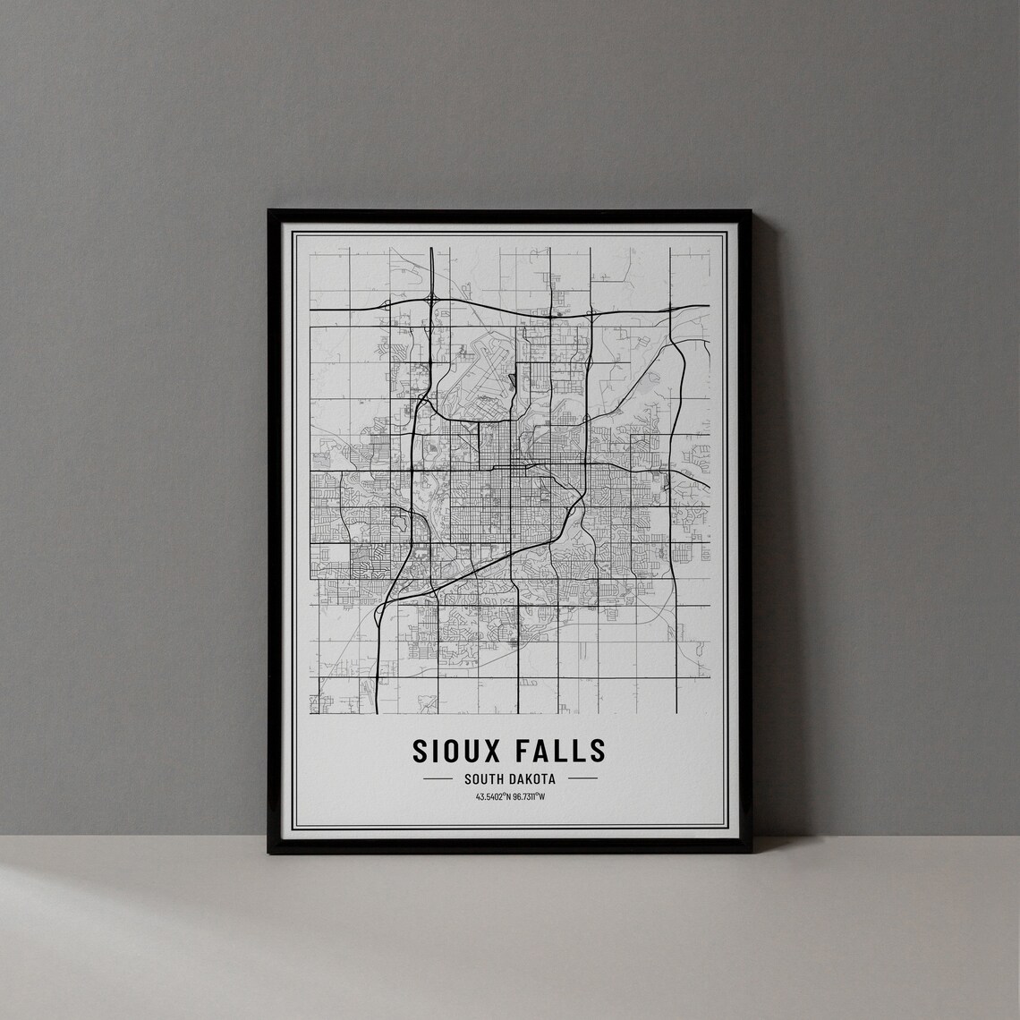 Sioux Falls South Dakota Street Map Black and White Minimalist City Poster
