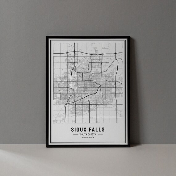 Sioux Falls South Dakota Street Map Black and White Minimalist City Poster