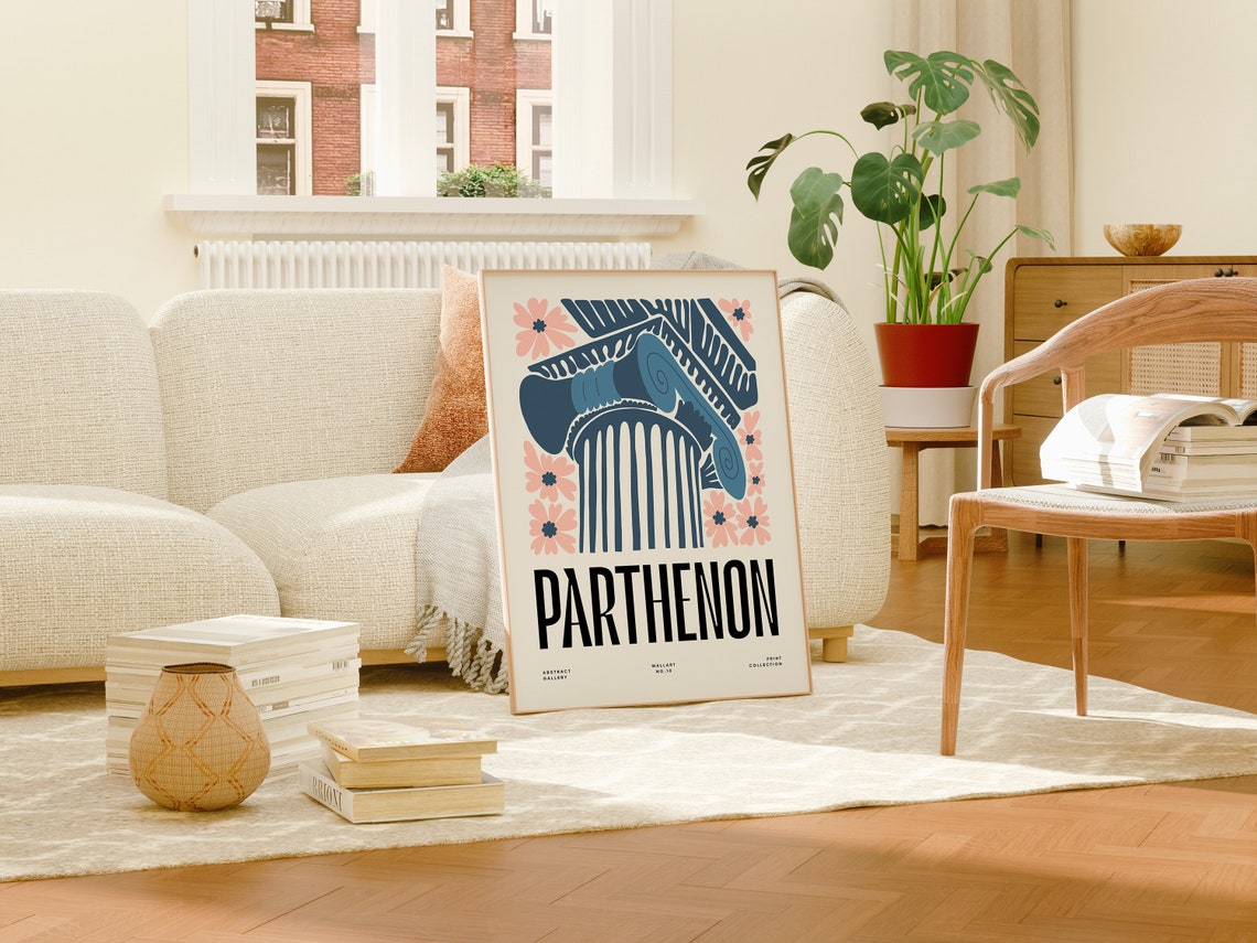 Parthenon Athens Greece Blue Column Capital Floral Art Poster - Image 3
