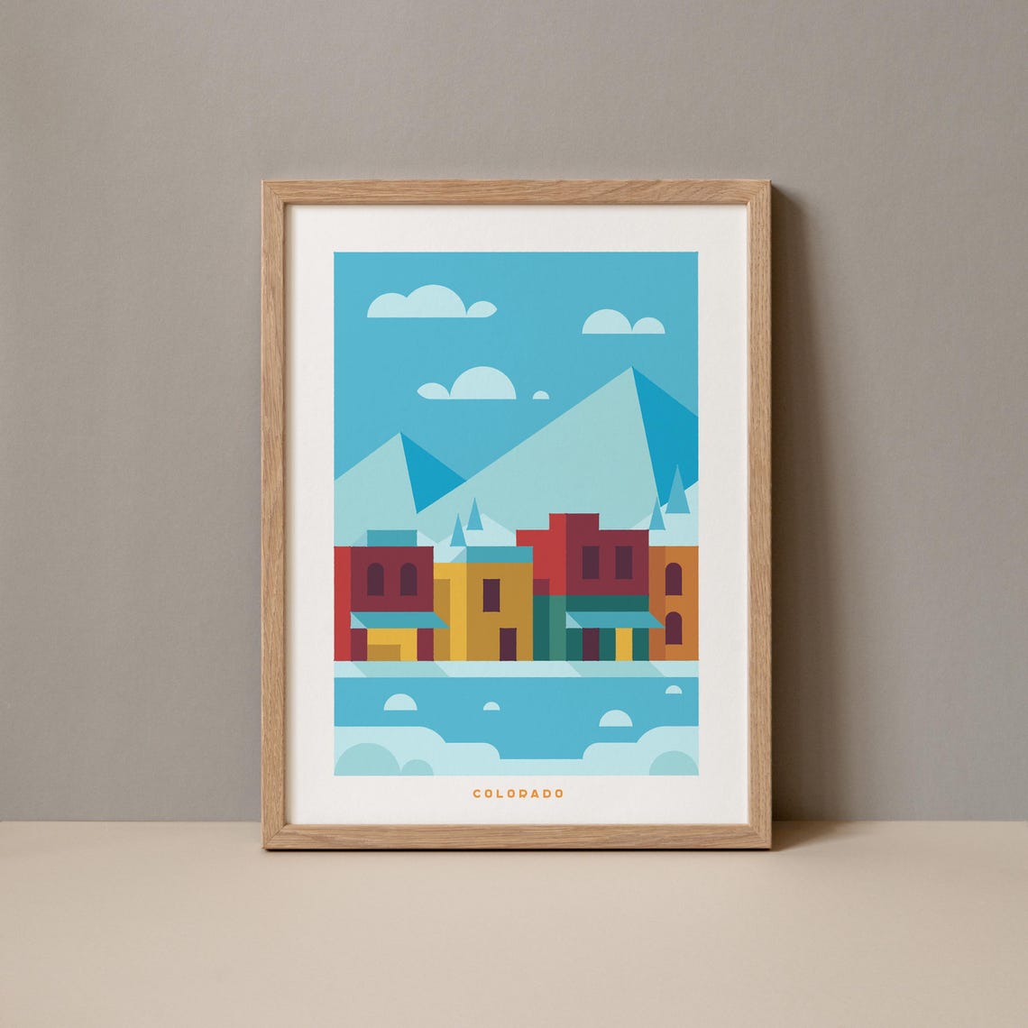 Colorado Mountain Town Geometric Sunset Art Poster Travel Gift