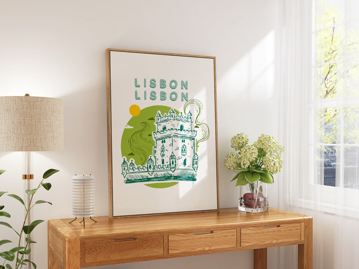 Belem Tower Lisbon Portugal Green Hand Drawn Illustration Poster - Image 4