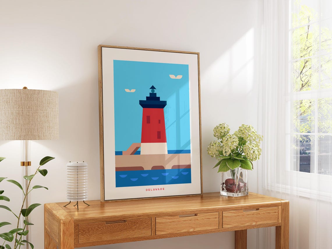 Delaware Lighthouse Geometric Art Print Red Coastal Beacon Design - Image 5