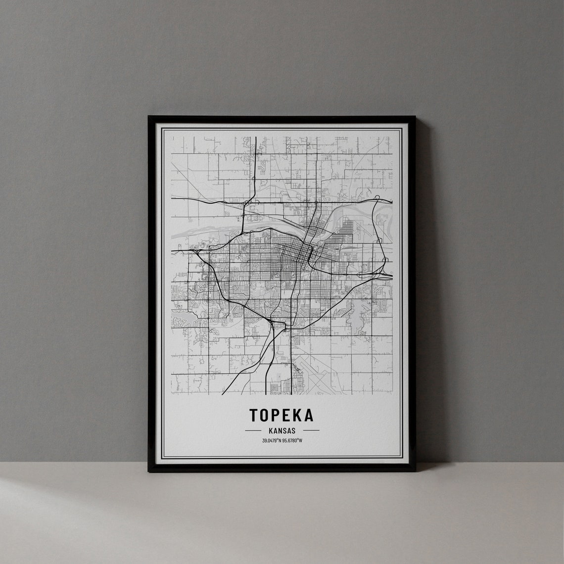Topeka Kansas Modern Black and White Minimalist City Map Poster