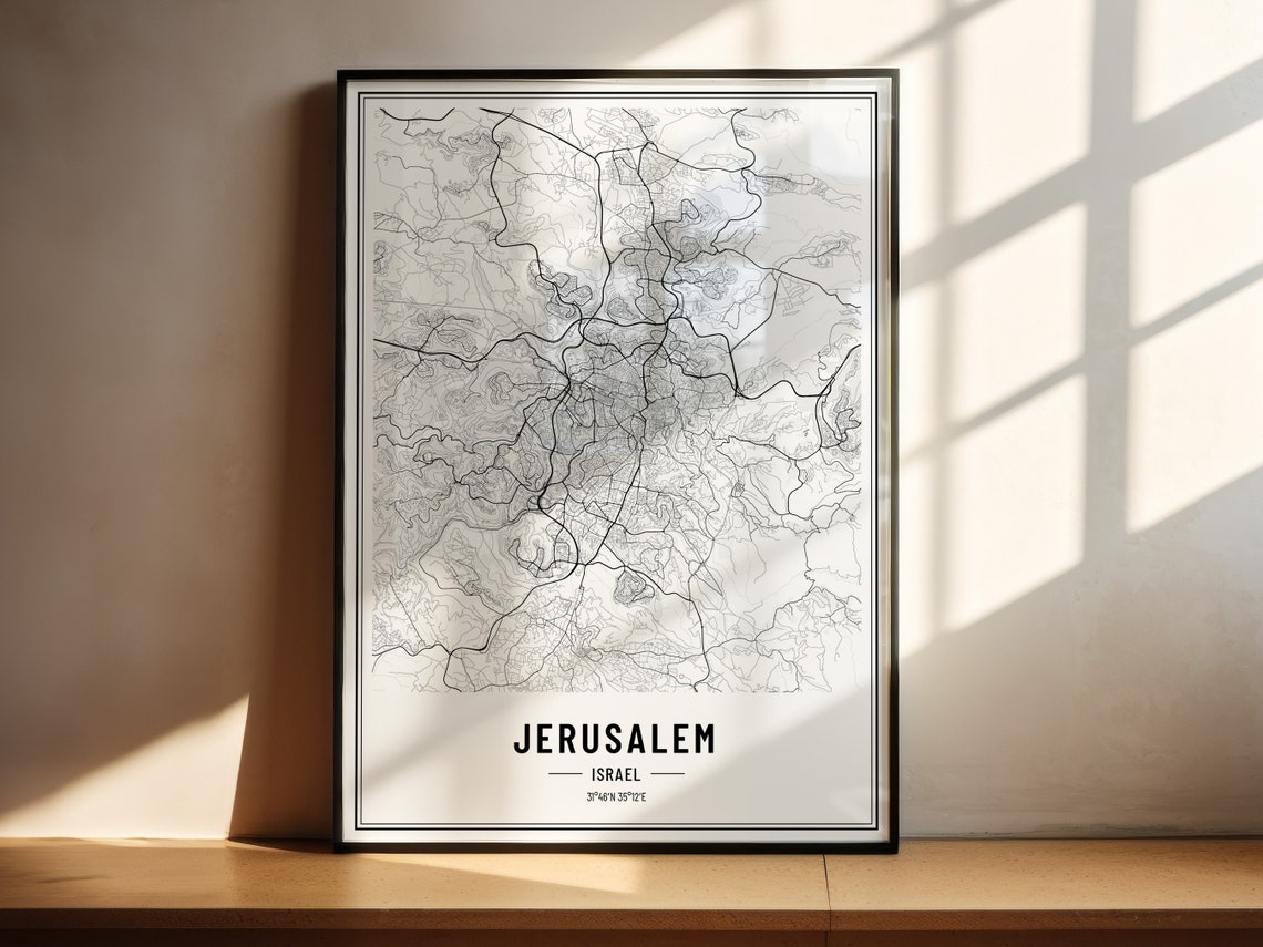 Jerusalem Israel Minimalist Black White City Street Map Poster - Image 2