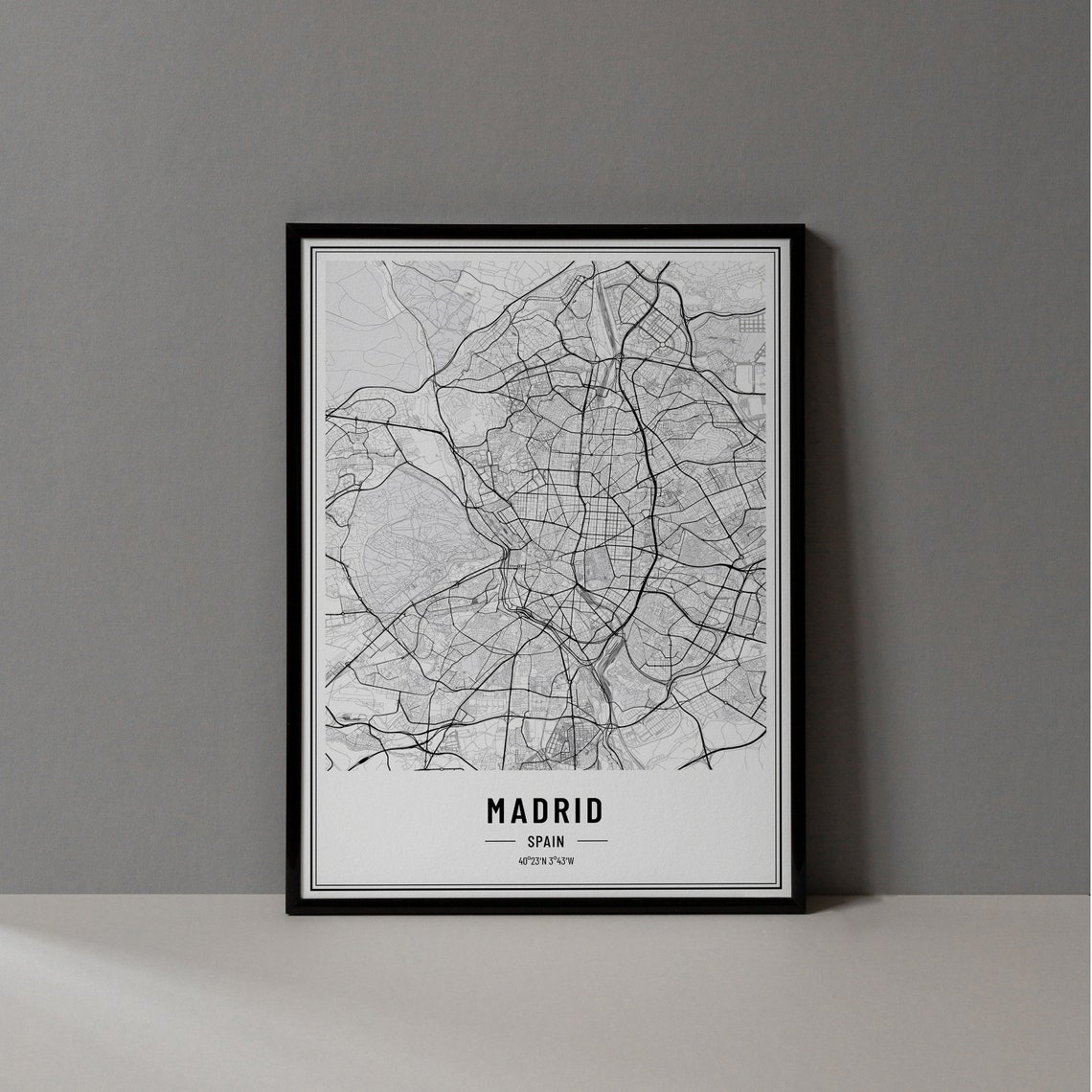 Madrid Spain Minimalist Black White City Street Map Art Poster