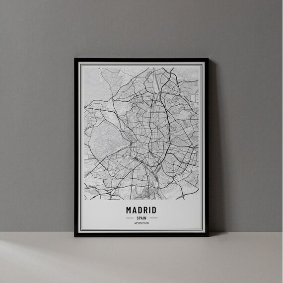Madrid Spain Minimalist Black White City Street Map Art Poster