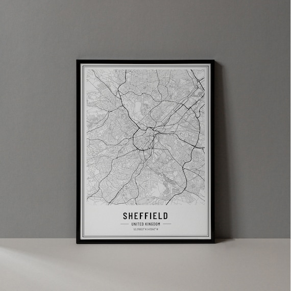 Sheffield UK Minimalist Black White City Street Map Art Poster