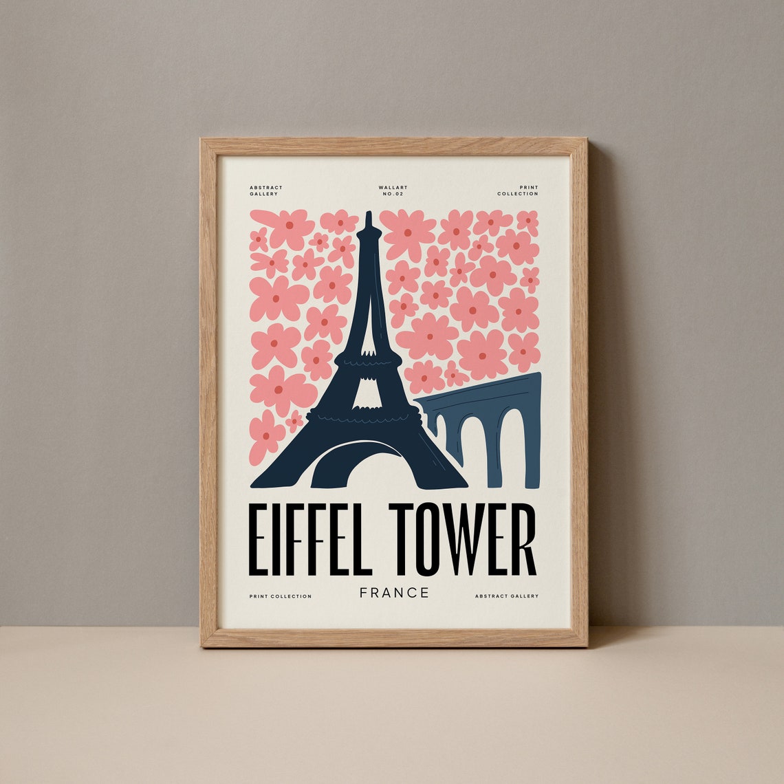 Eiffel Tower Paris France Pink Flower Botanical Vintage Art Poster