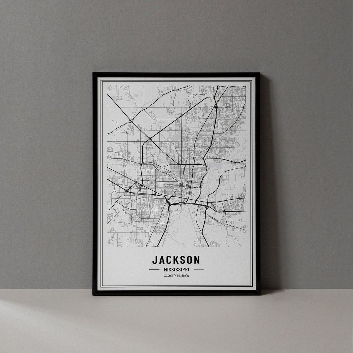 Jackson Mississippi Black and White Minimalist City Map Poster