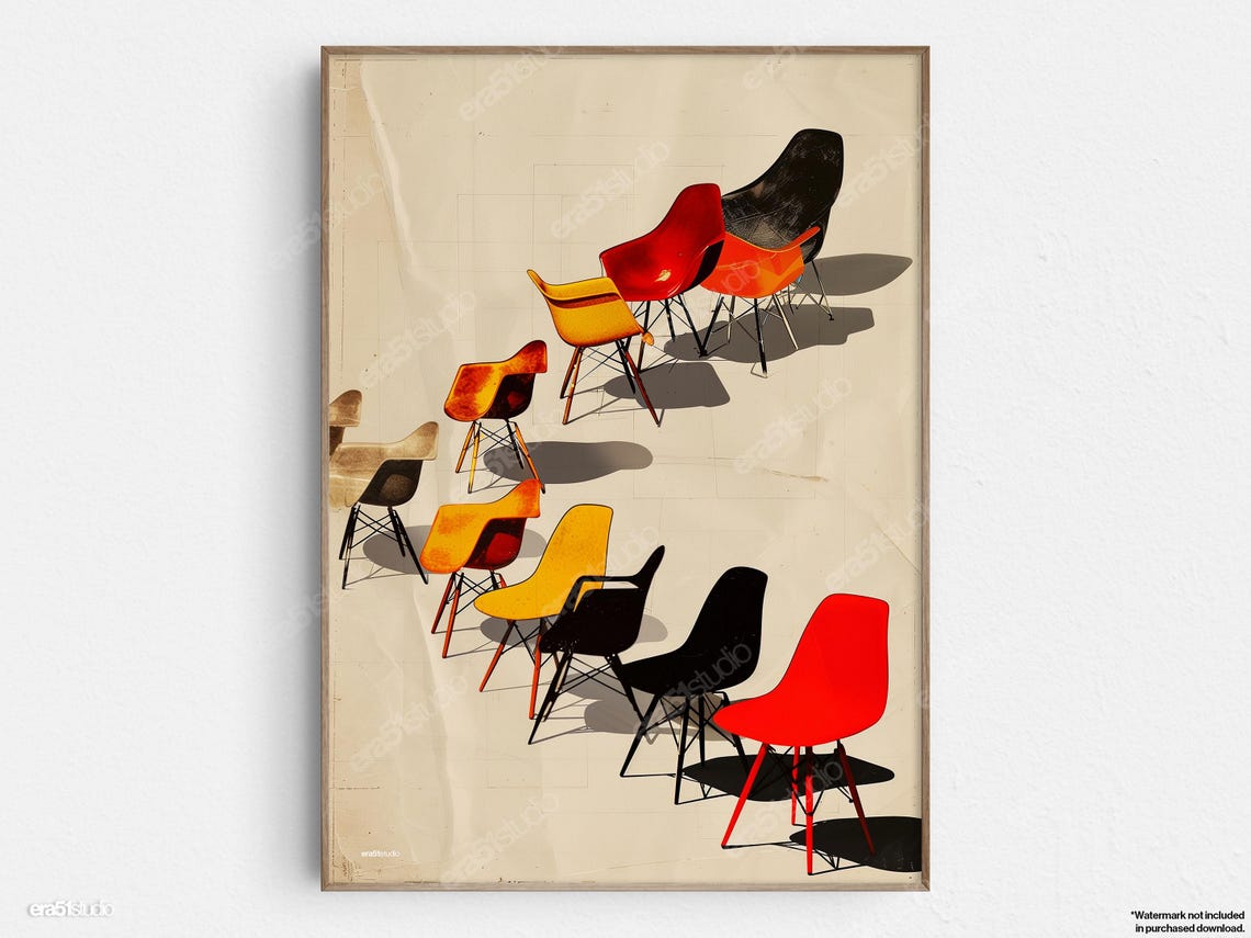 Colorful Molded Shell Chairs Midcentury Modern Design Wall Art