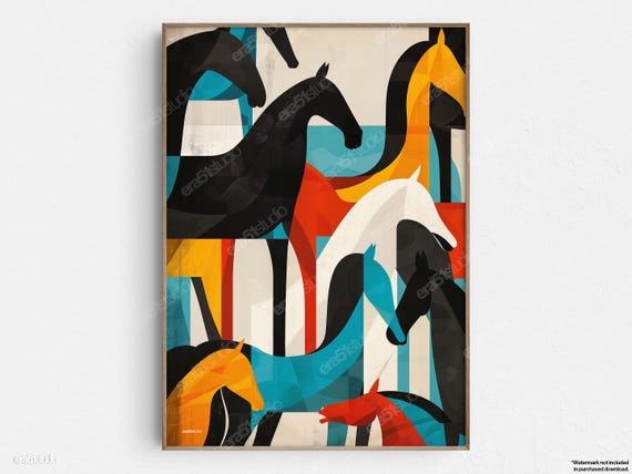 Colorful Horse Pattern Original Midcentury Modern Minimalist Wall Art