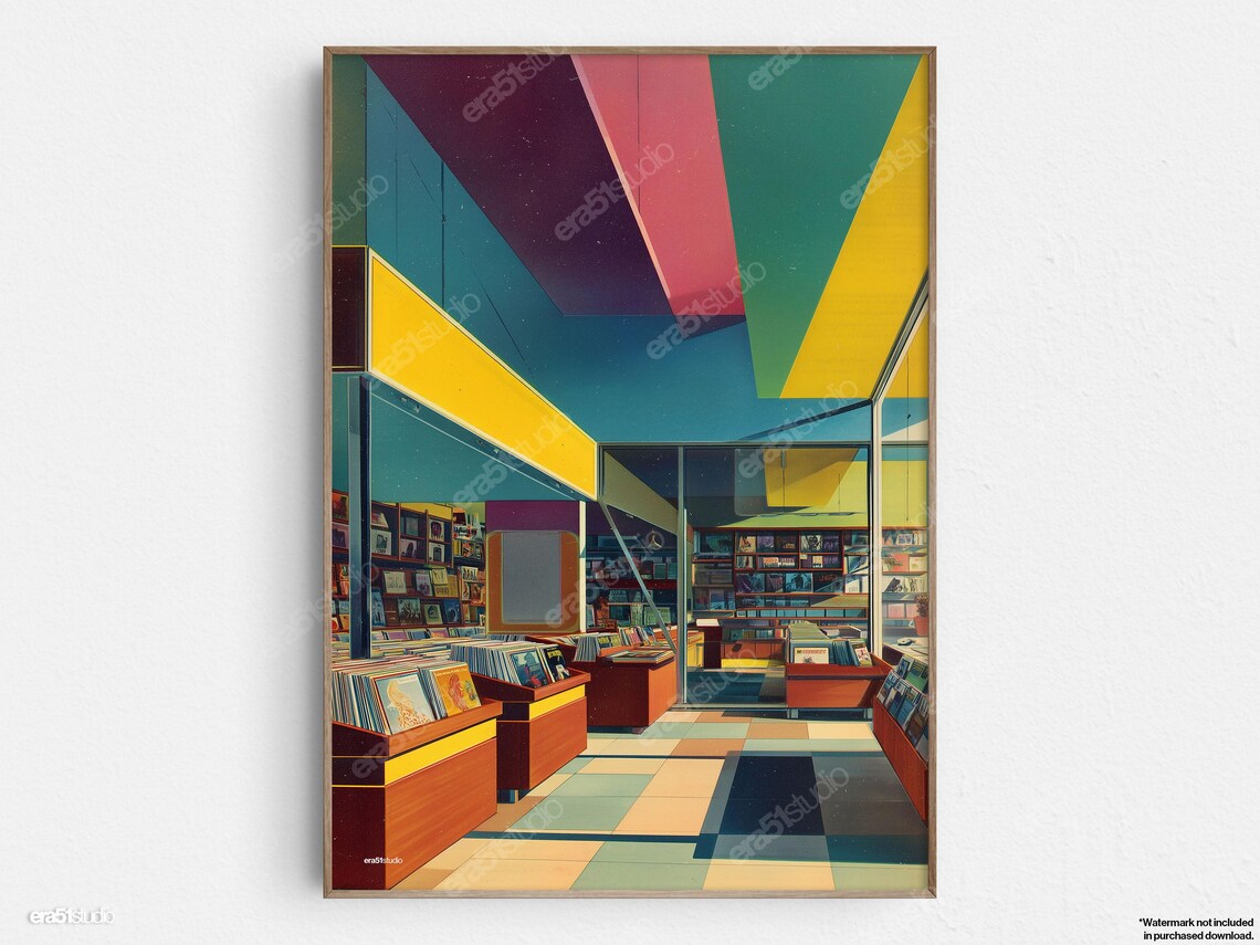 Record Store Vibey Scene, Midcentury Modern Art Print