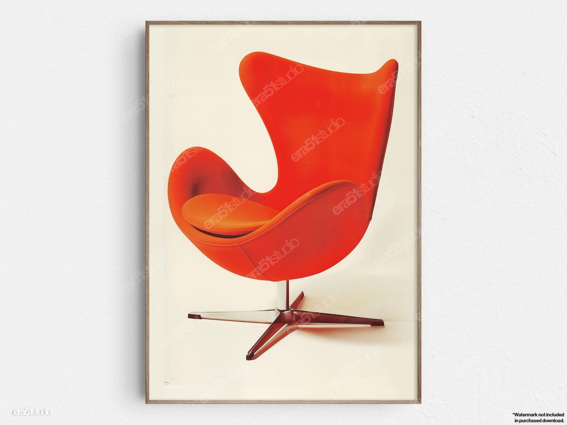 Bold Red Midcentury Swan Chair Original Modern Minimalist Wall Art