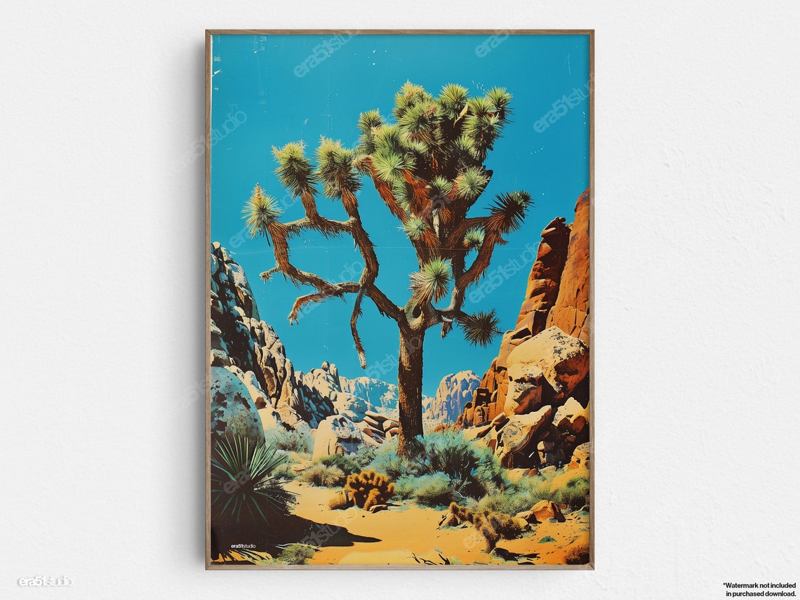 Majestic Joshua Tree Against Turquoise Sky Desert Rocks Poster