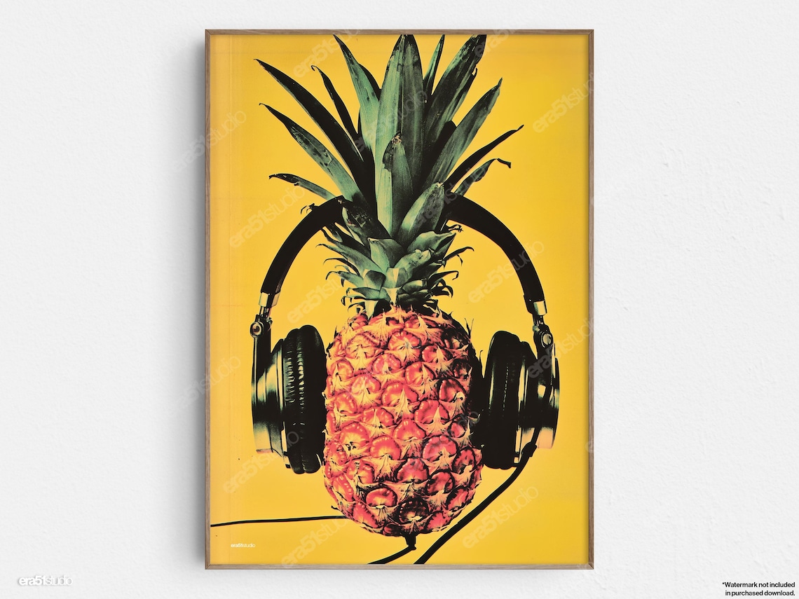 Pineapple Wearing Headphones On Yellow Background Pop Poster