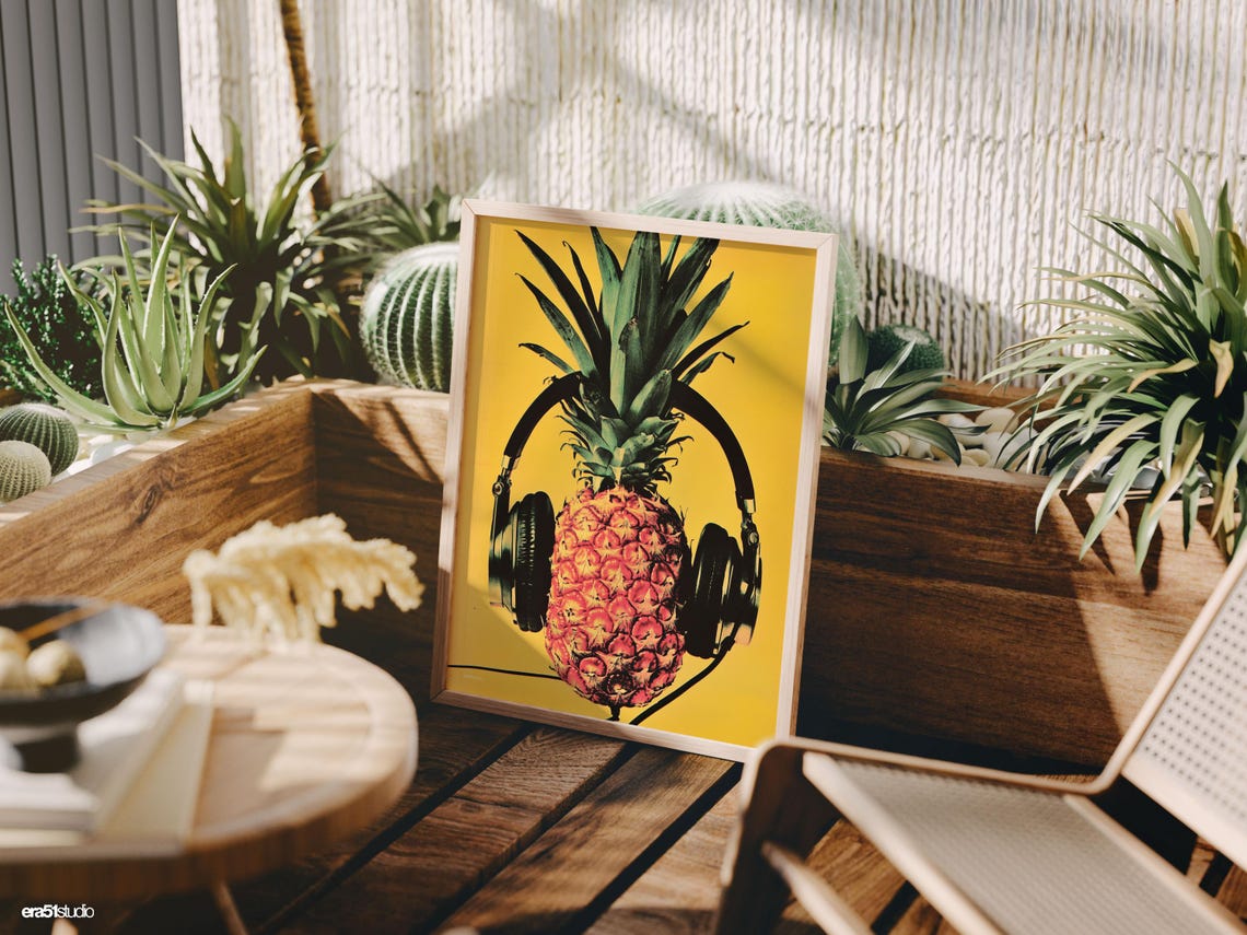 Pineapple Wearing Headphones On Yellow Background Pop Poster - Image 3