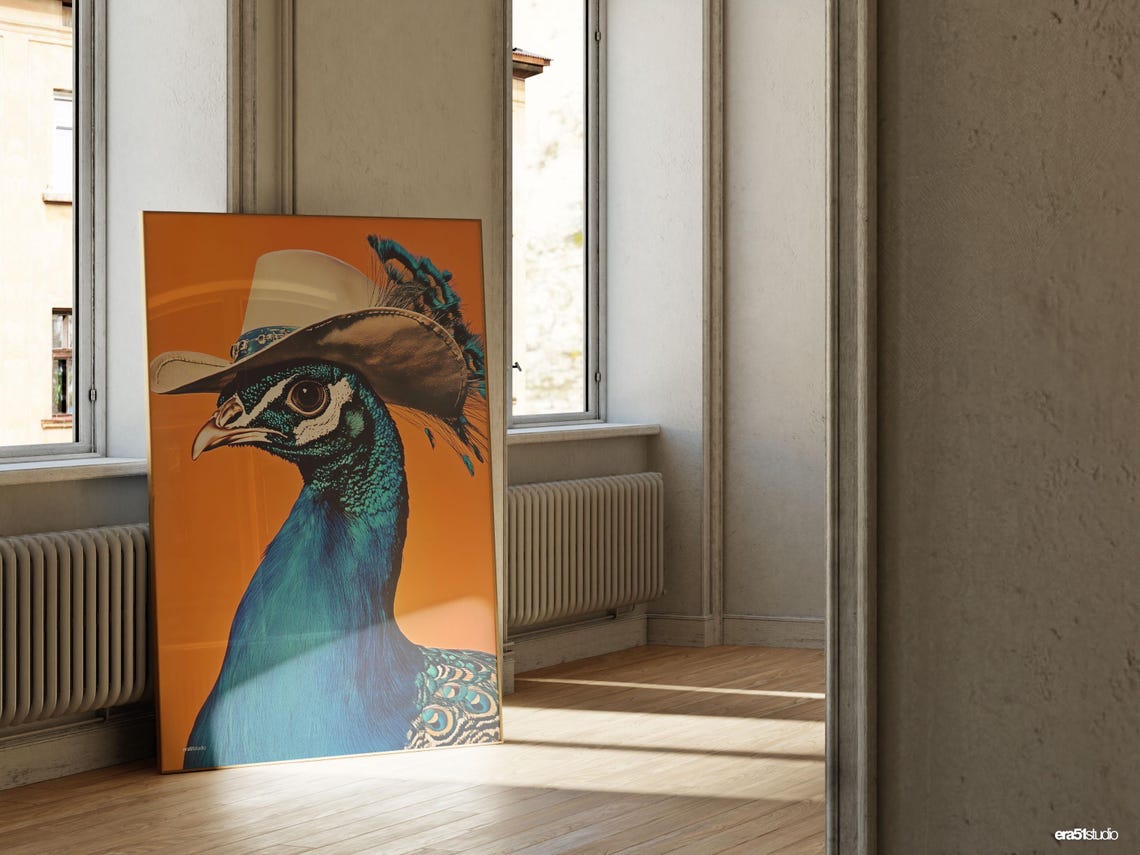 Quirky Peacock Wearing Cowboy Hat On Vibrant Orange Background Poster - Image 2
