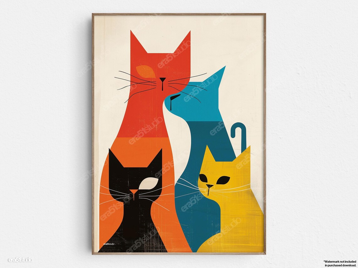 Colorful Cat Quartet, Mid-Century Modern Art Print