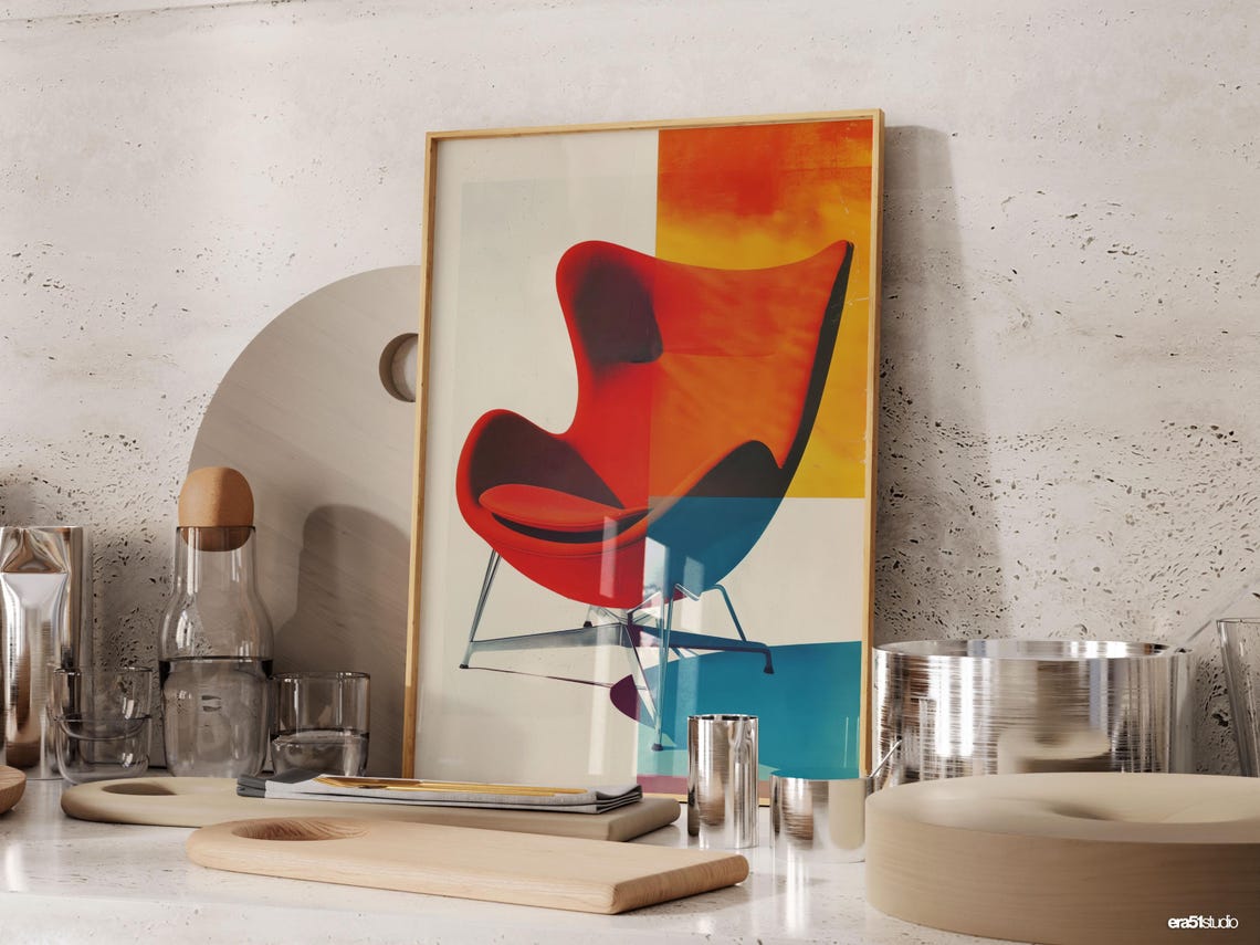 Red Egg Lounge Chair Color Block Mid Century Modern Art Poster - Image 3