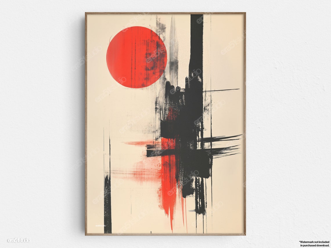 Red Sun Abstract Minimalist Ink Brushwork Modern Living Room Poster