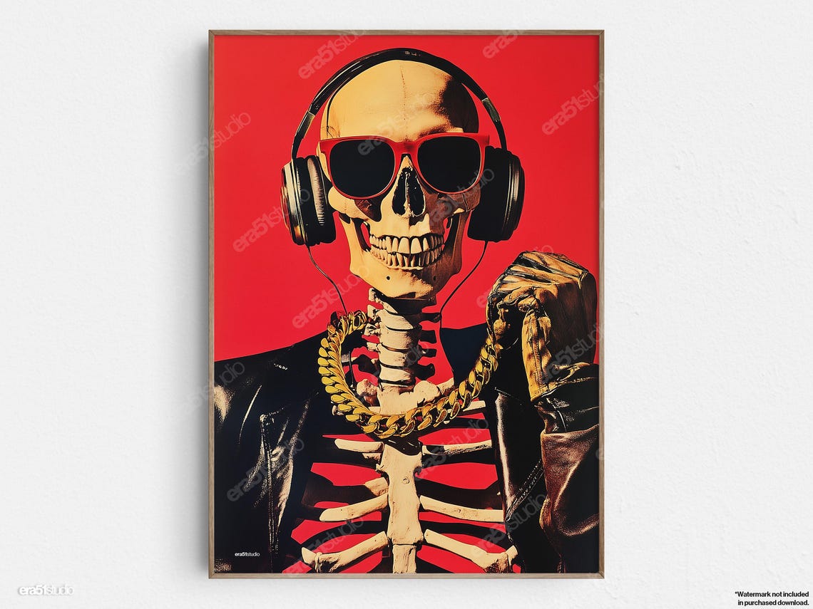 Skeleton DJ Wearing Headphones Gold Chain Red Pop Culture Poster