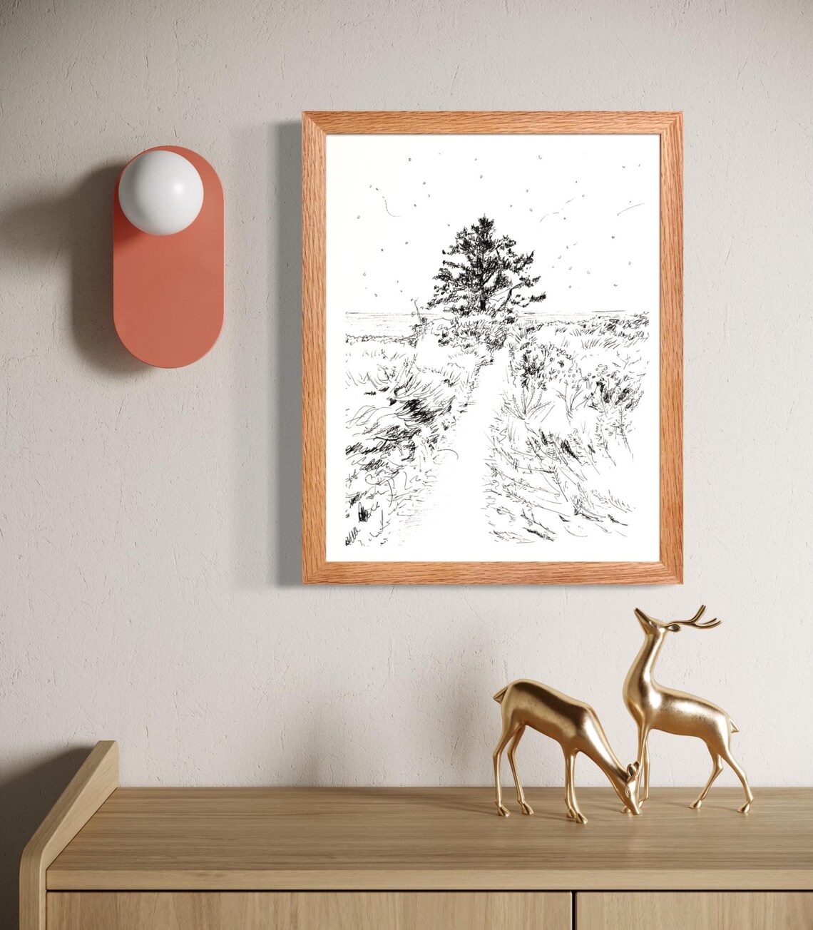 Coastal Beach Path Trees Minimalist Black Ink Line Drawing Square Art Poster