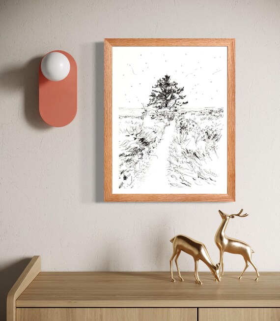 Coastal Beach Path Trees Minimalist Black Ink Line Drawing Square Art Poster