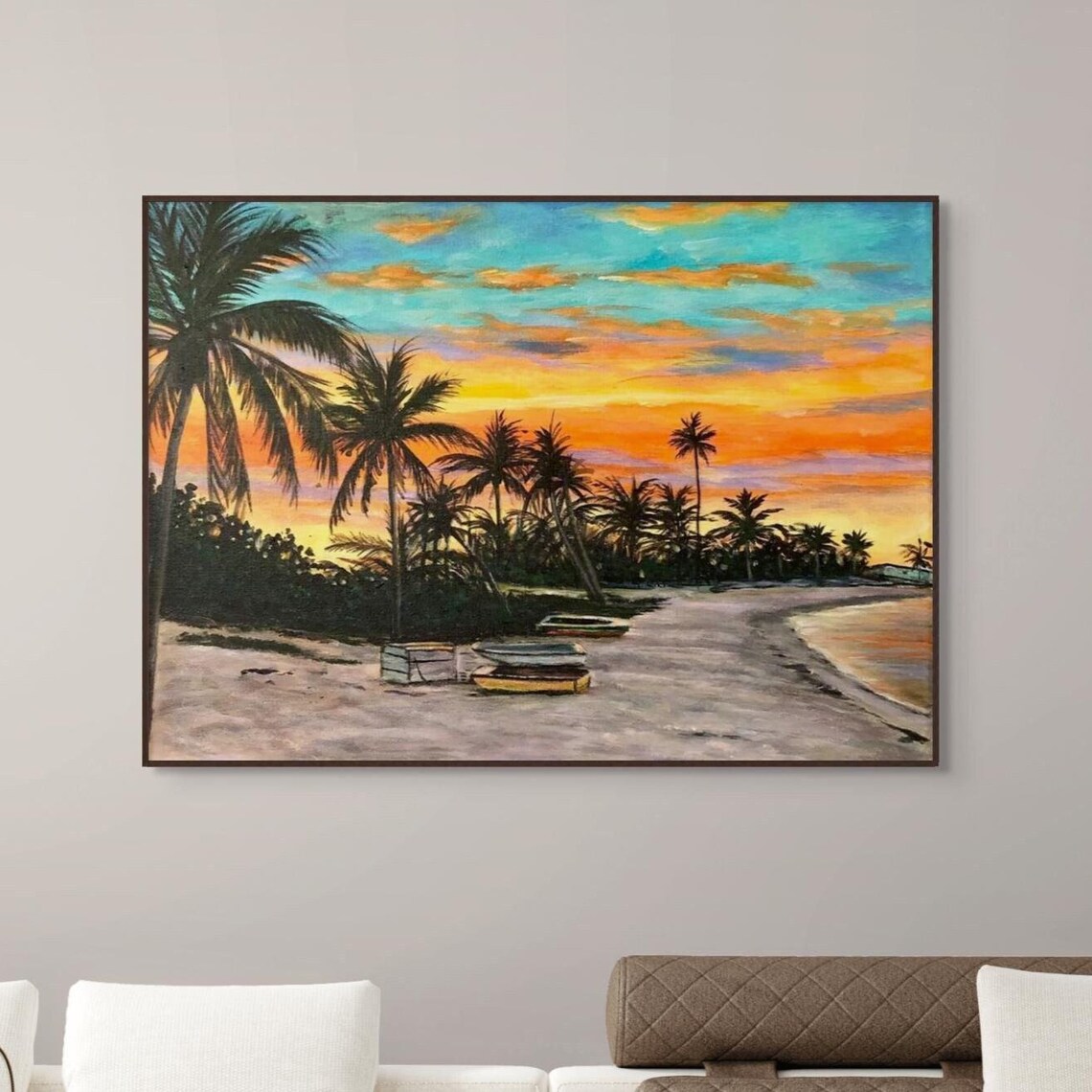 Tropical Palm Beach Sunset Orange Sky Beached Boats Island Poster