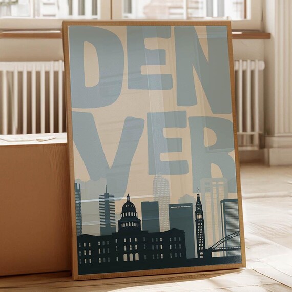 Denver Skyline Bold Text Cityscape Modern Travel Poster Blue