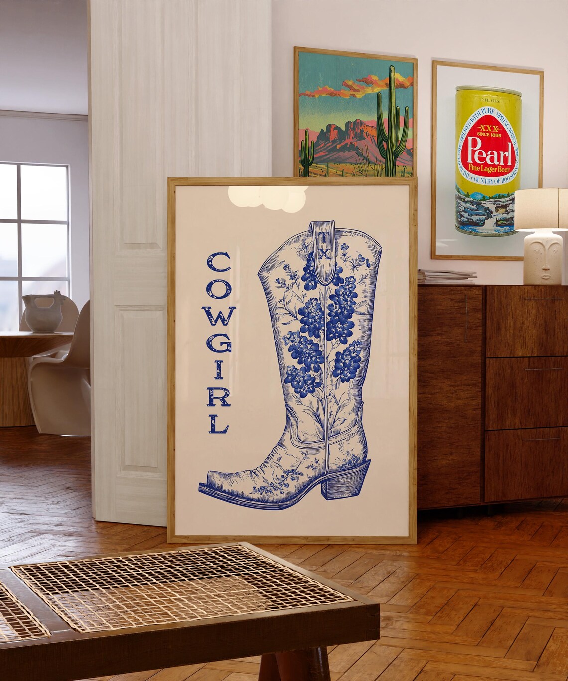 Cowgirl Blue Floral Boot Texas Chinoiserie Western Wall Art Print - Image 3