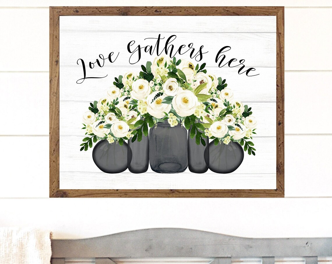 Love Gathers Here Quote Black Vases White Flowers Decor Poster