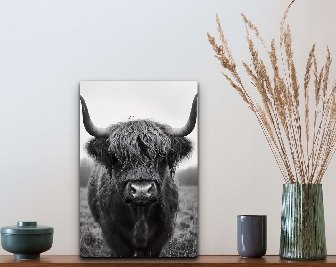 Black And White Highland Cow Close Up Shaggy Portrait Wall Art