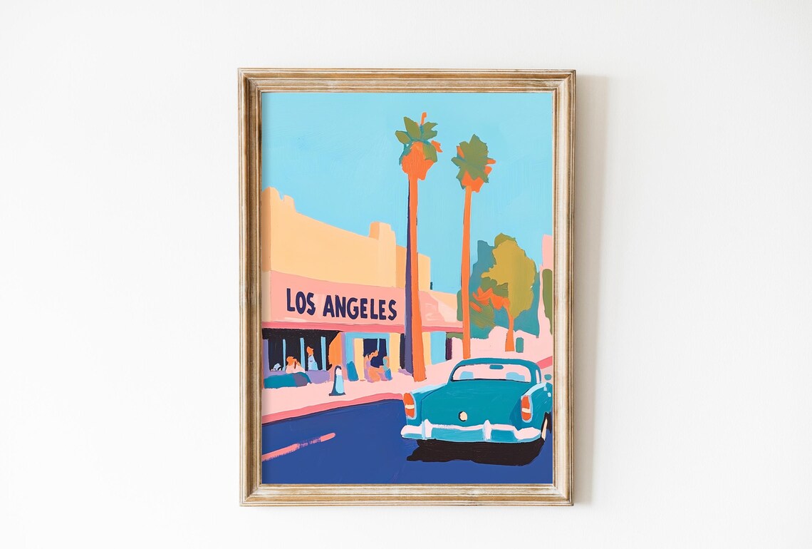 Los Angeles Pastel Street With Palm Trees And Classic Car Poster