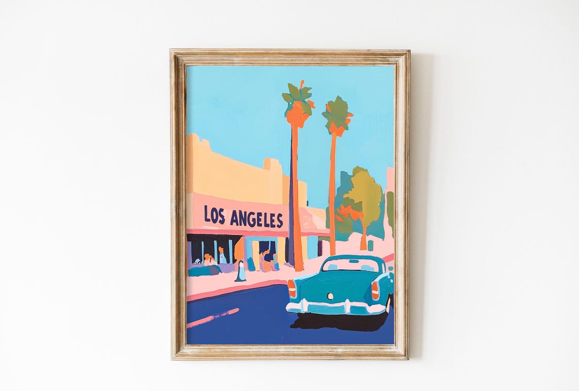 Retro Los Angeles Print Soft Pink La Wall Art Vintage Los Angeles Oil Painting Usa Travel Poster Dorm Decor Gift Soft Pink City Landscape