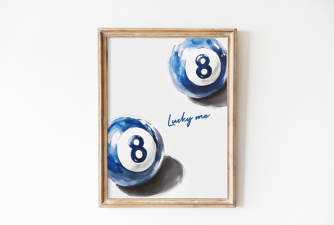 Lucky Me Blue 8 Ball Watercolor Painting Retro Pool Decor Poster