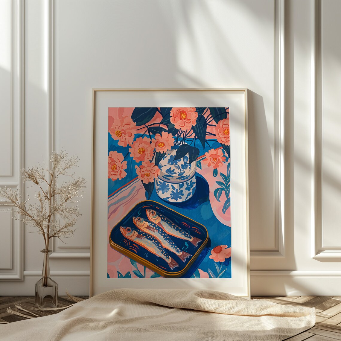 Flowers And Oil Sardines Retro Kitchen Art Print - Image 2