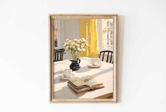Coffee And Books Pastel Art Print, Soft Yellow