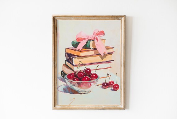 Books and Cherries with Pink Bow Coquette Still Life Decor Art Poster