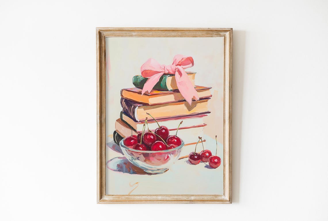 Books and Cherries with Pink Bow Coquette Still Life Decor Art Poster