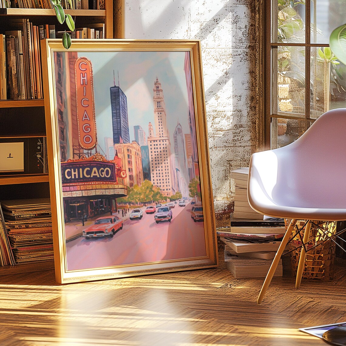 Chicago Theater Street Scene In Pastel Pink City Travel Art Poster - Image 2