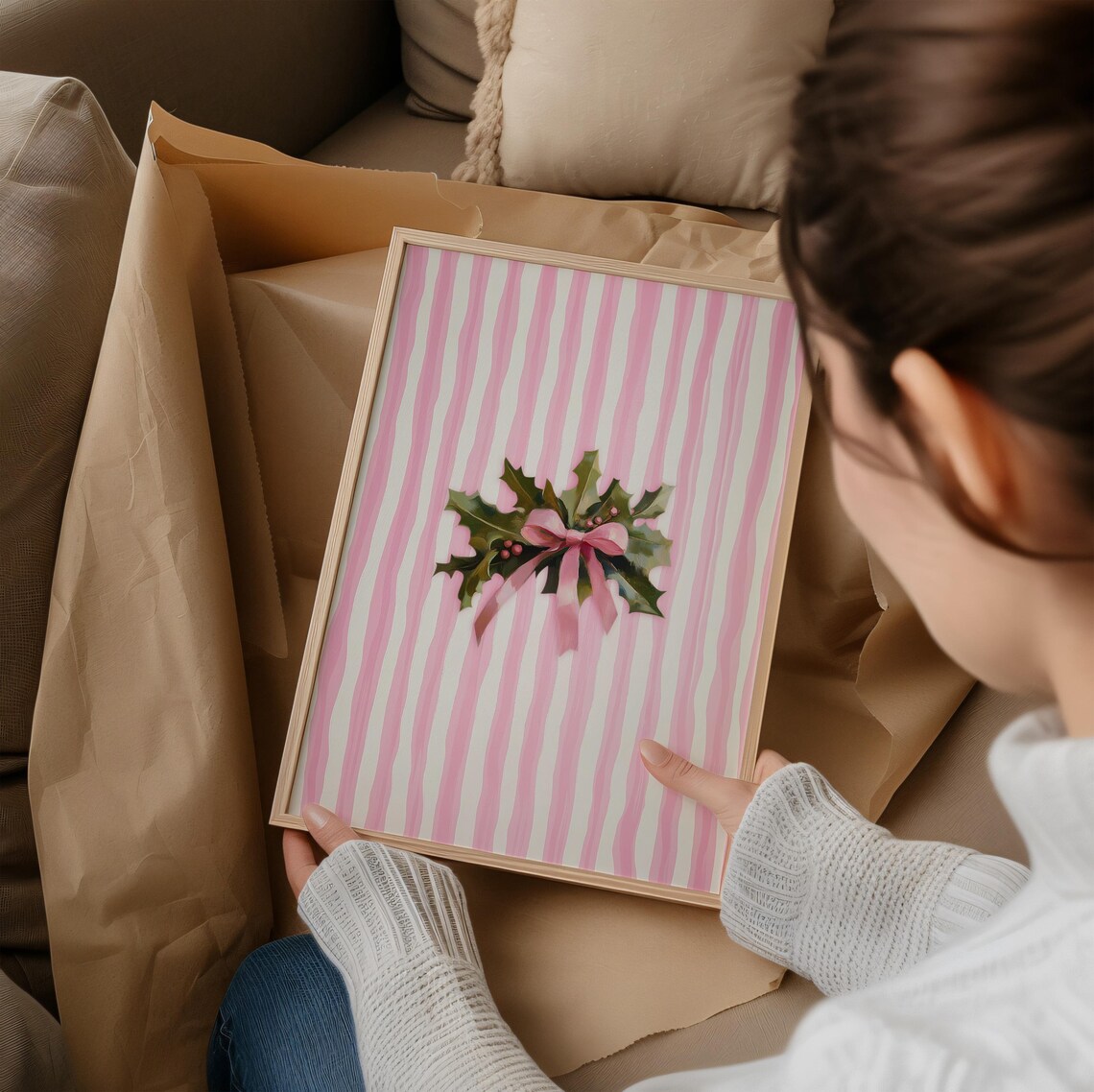 Mistletoe With Pink Bow On Striped Pink Christmas Art Poster - Image 3
