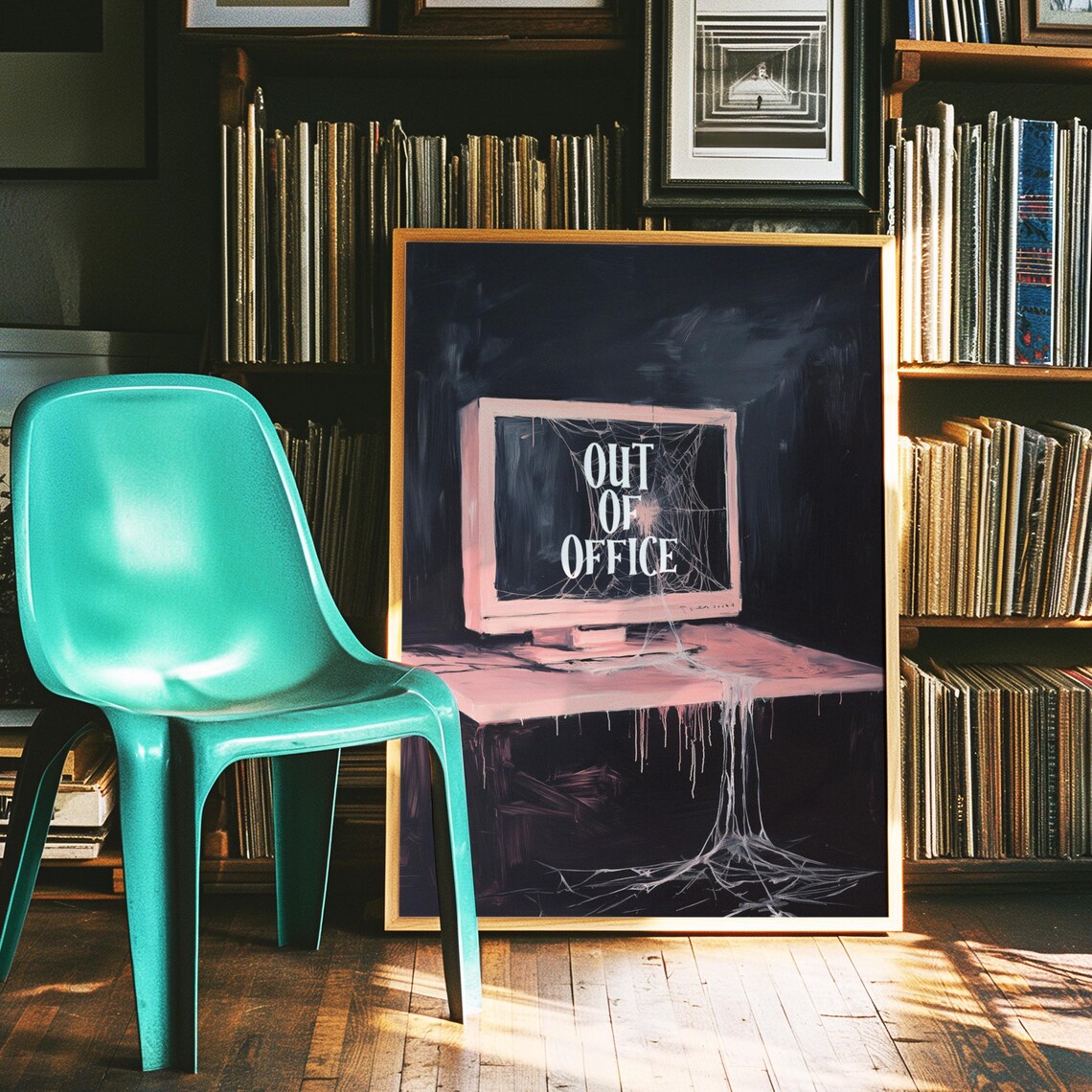 Out Of Office Pink Computer Monitor With Cobwebs Halloween Poster - Image 3