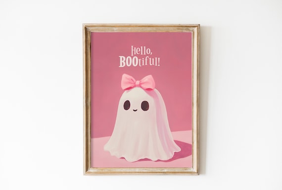 Vintage Pink Bow Ghost Wall Art Print Halloween Nursery Decor Preppy Trendy Coquette Cute Ghost Painting Girly Print Girls Room
