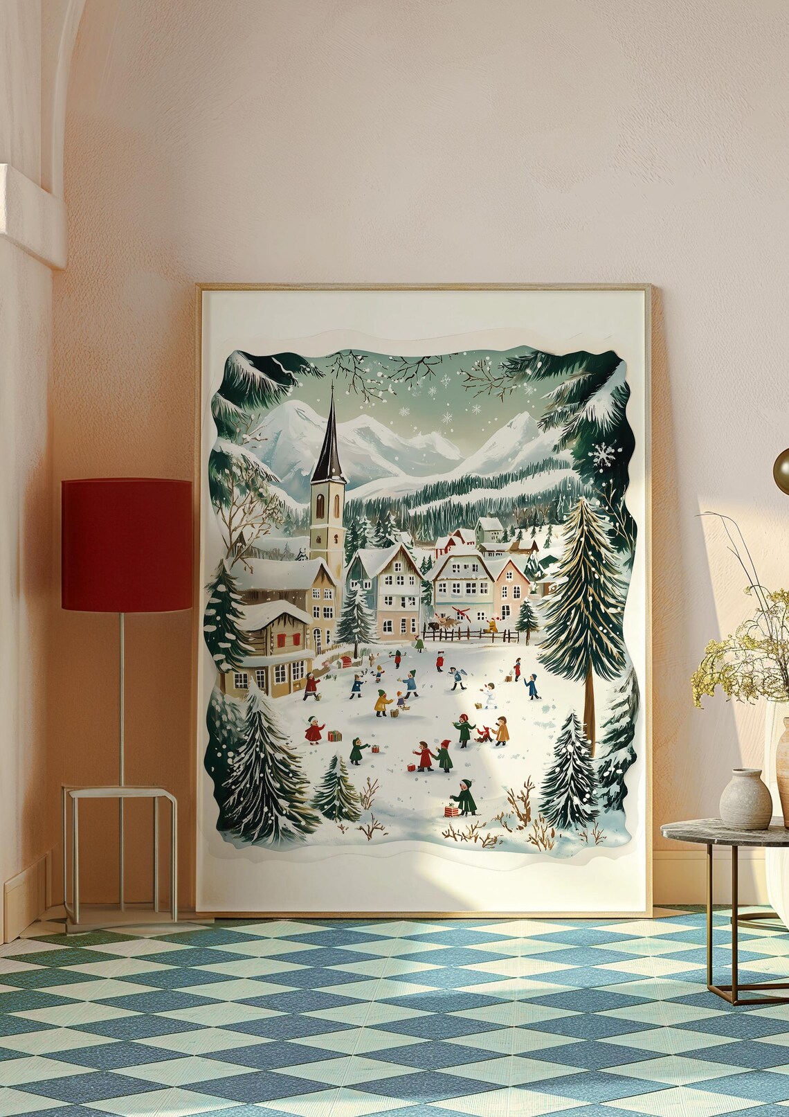 Alpine Winter Village with Church Steeple and Playing Kids Poster - Image 3