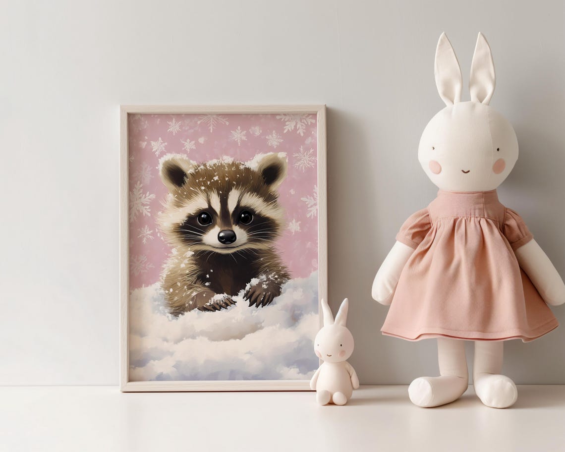 Sweet Raccoon Winter Snow Painting Pink Girl Room Wall Art Pastel Nursery Girly Art Christmas Nursery Decor Kids Room - Image 3