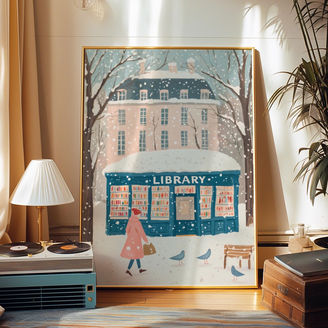 Snowy Neighborhood Library with Reader Girl in Pink Coat Poster - Image 2