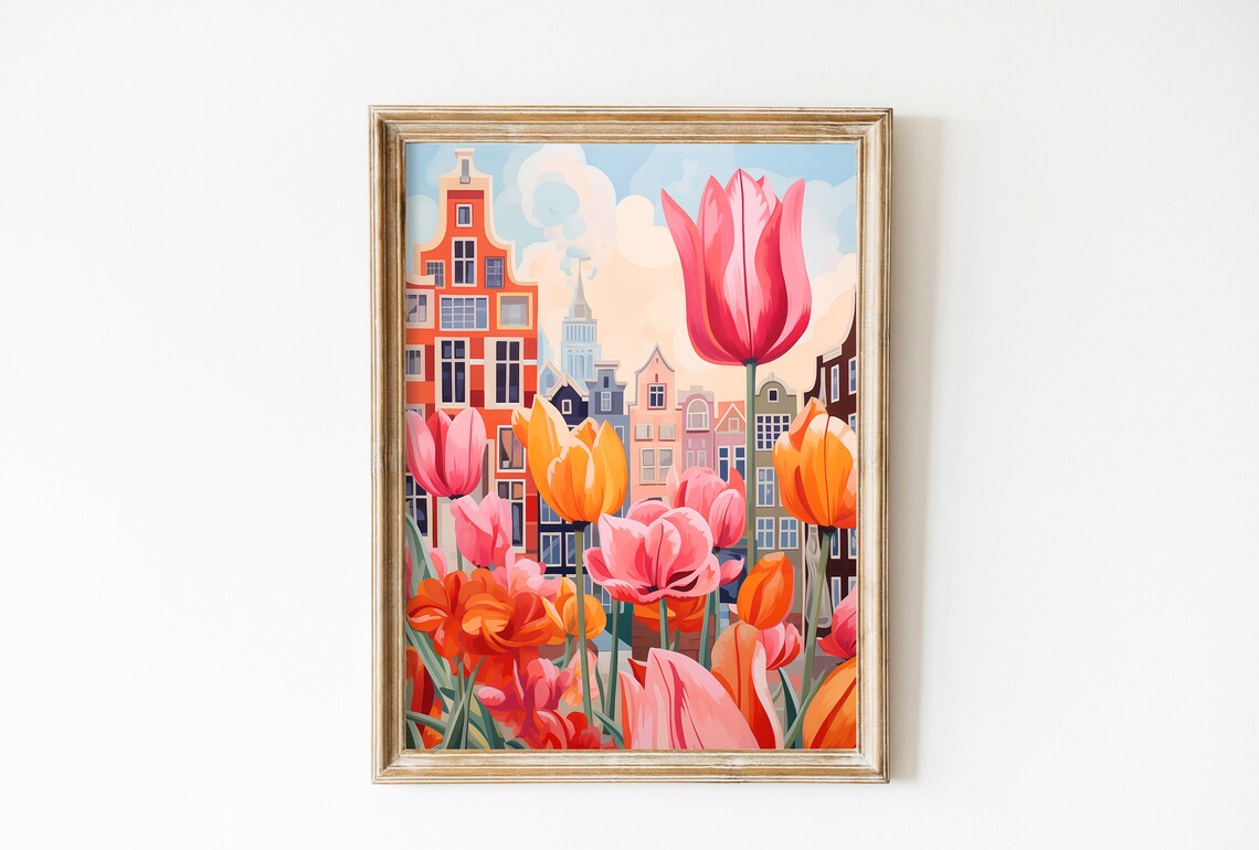 Amsterdam Canal Houses Pink Tulips Netherlands Travel Poster