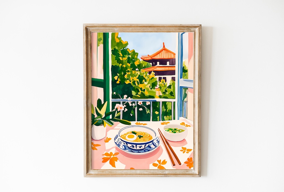 Traditional Japanese Ramen Bowl Painting, Kyoto Architecture