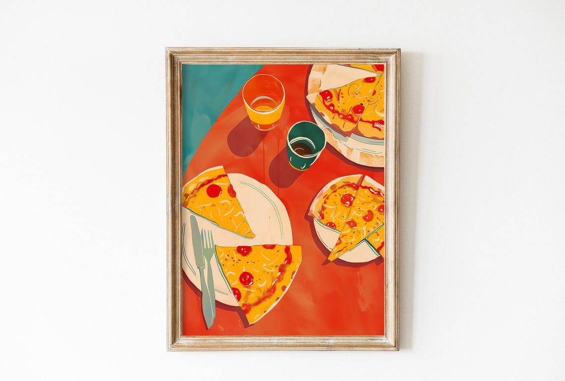 Pepperoni Pizza Party Flatlay Retro Coral Table Kitchen Food Wall Art