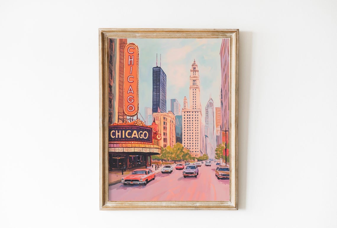 Retro Chicago Poster Soft Pink Chicago Wall Art Vintage Chicago Oil Painting Usa Travel Poster Dorm Decor Gift Soft Pink City Landscape
